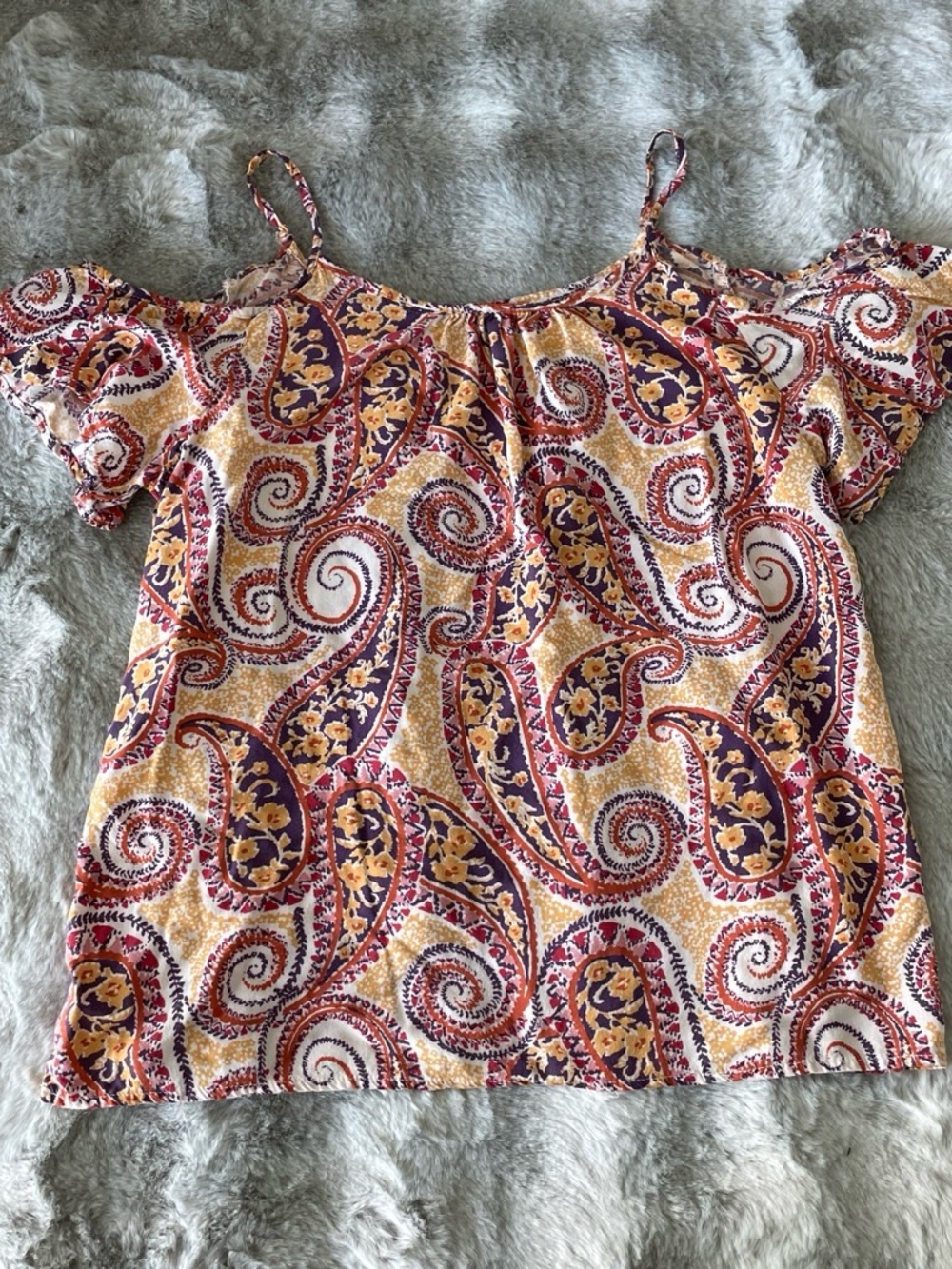 Cold-Shoulder Paisley Blouse in Yellow with Red & Purple Accents-0332